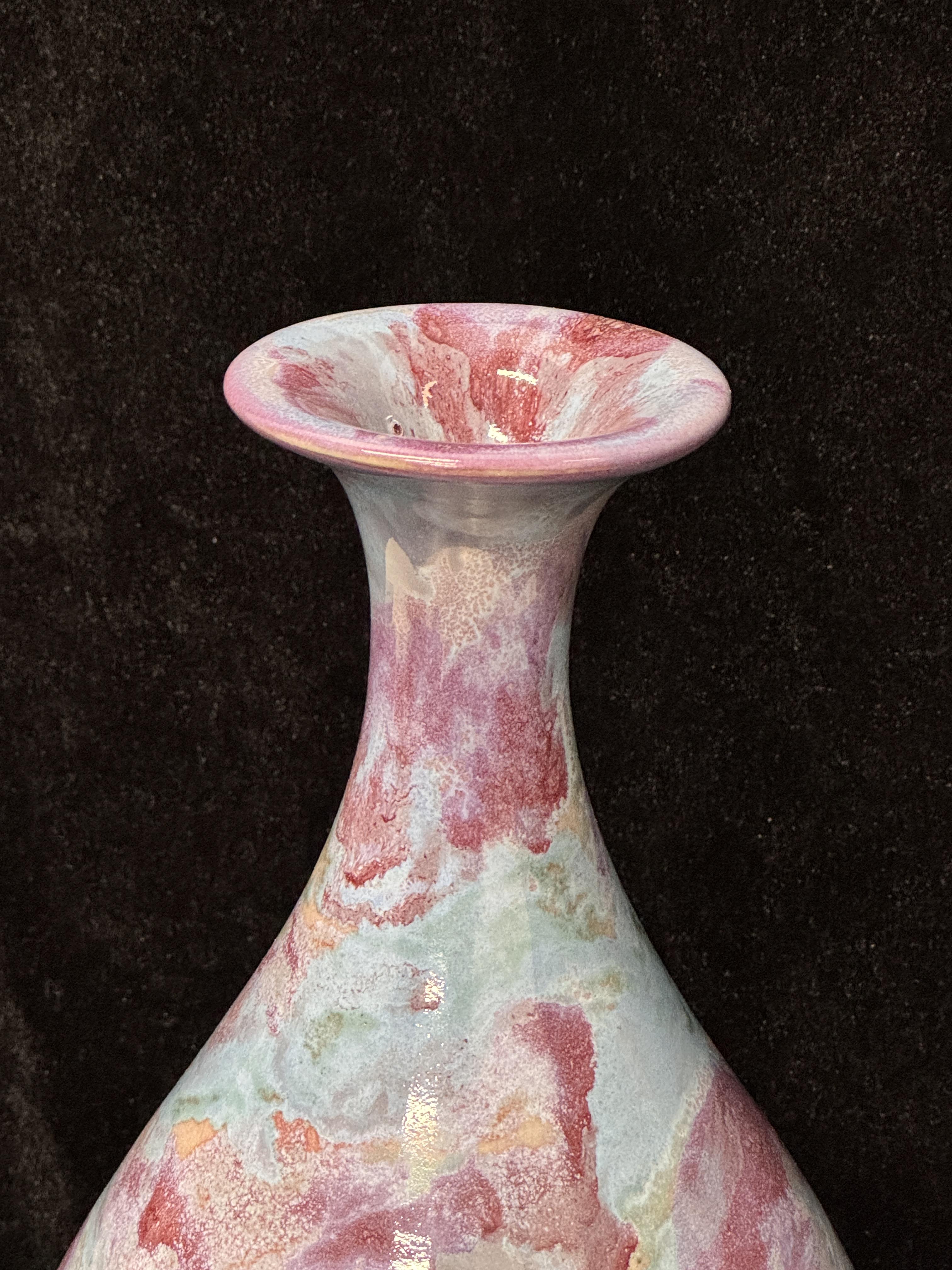 Handmade Chinese Jun Porcelain Vase, Vintage Pink-Blue Kiln-Fired Glaze Ceramic Vase, Unique Asian Art Home Decor