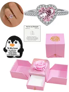 Heart Diamond Sparkling Stone Open Ring, Heart Cluster Ring, Handmade Crochet Penguin, Valentine's Day Gift Jewelry, Minimalist Rose Flower Box