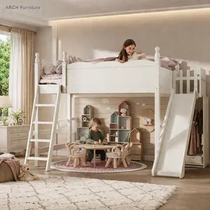 ARCH Queen Loft Bed with Storage Shelves and Wardrobe, Solid Wood Loft Beds with Detachable Slide and Ladders, No Spring Box Needed,Beige.(Patent Protection)
