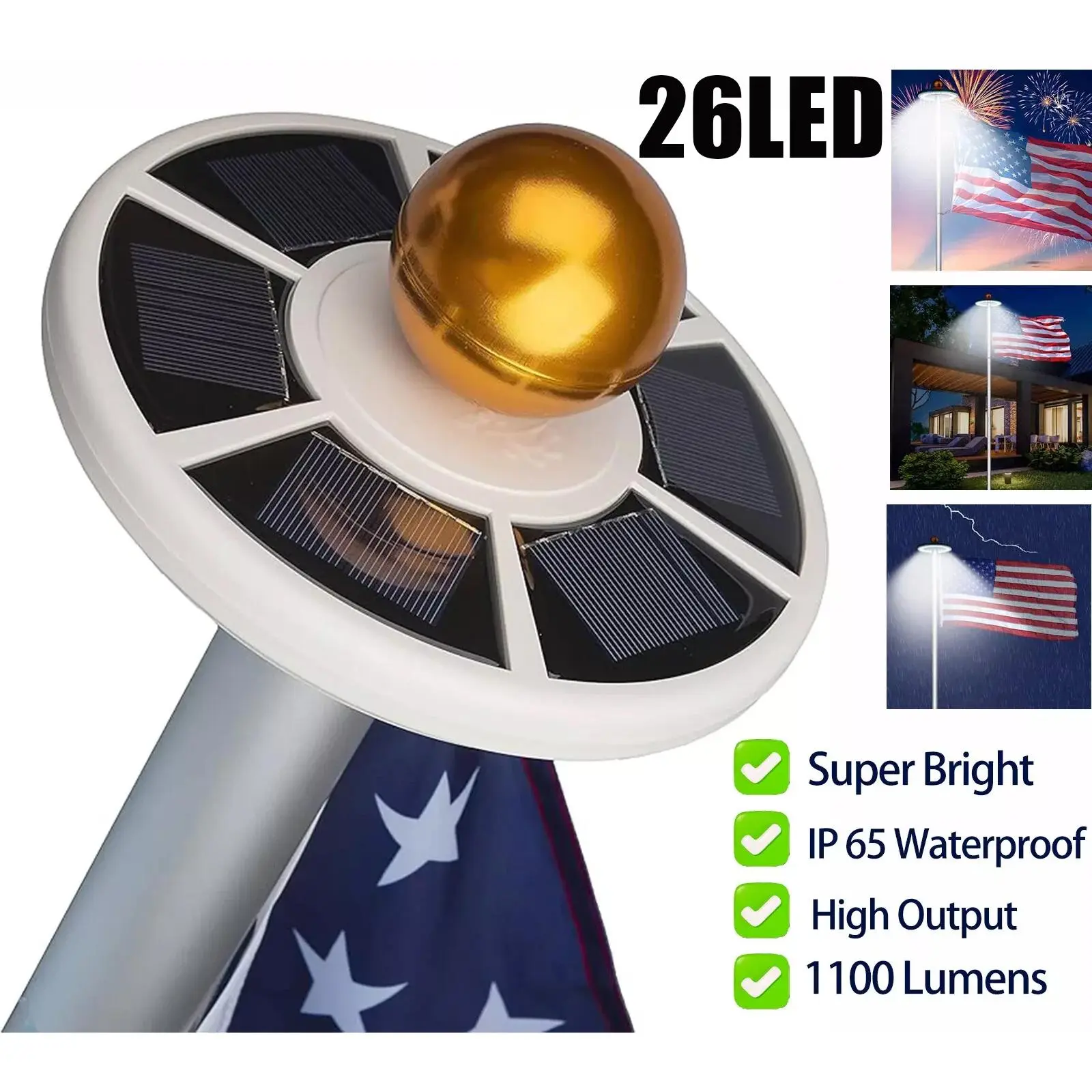2000LM Solar Flag Pole Downlight, 26 Bright LED Disc‑Shape Outdoor Light, Tool‑Free Installation, IP67 Waterproof, Extended Battery Runtime for Home Yard Flag Poles