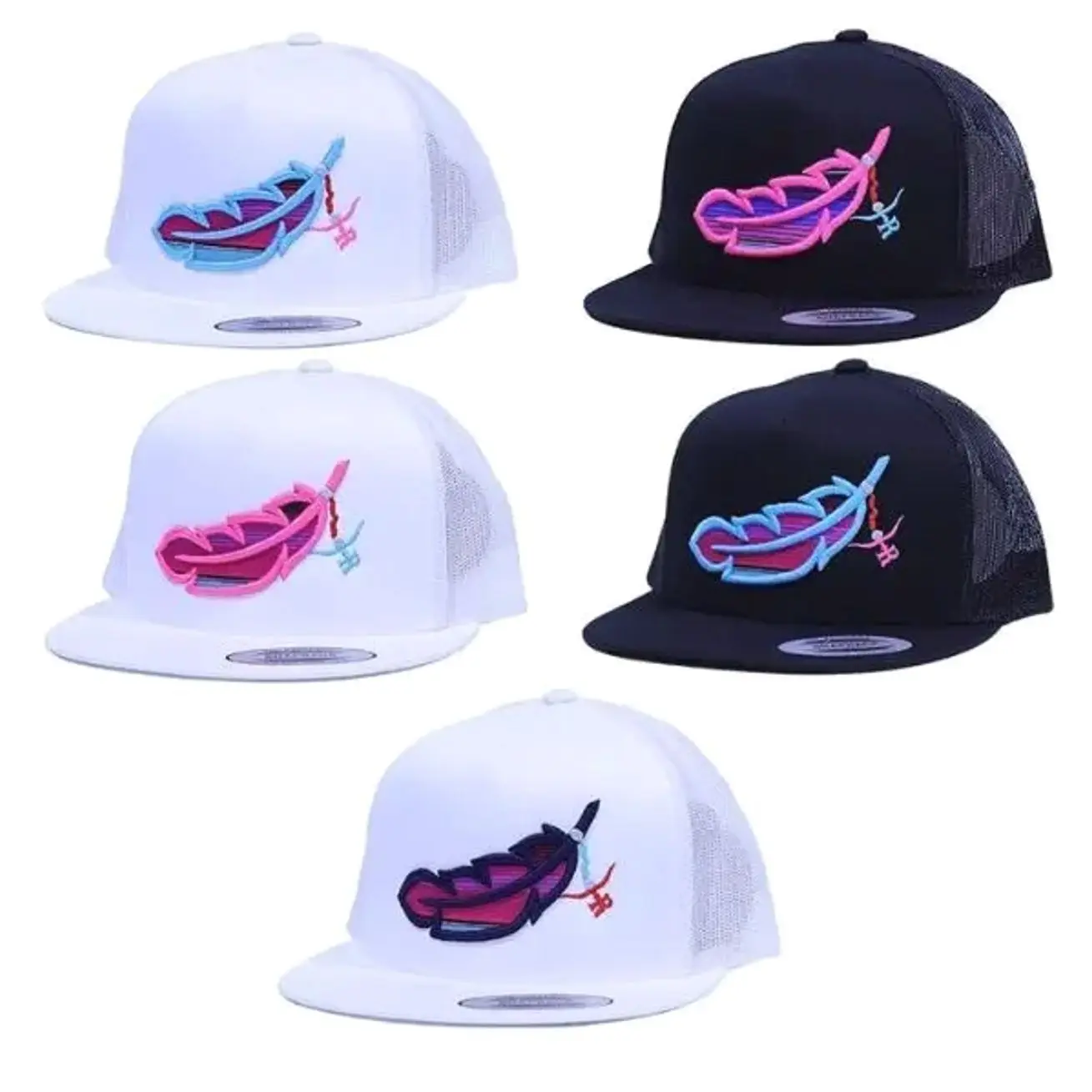 Feathered Outlaw Snapback Hat, Black & Hot Pink Mesh Trucker Cap, Bold Western-Inspired Streetwear Hat for Men & Women