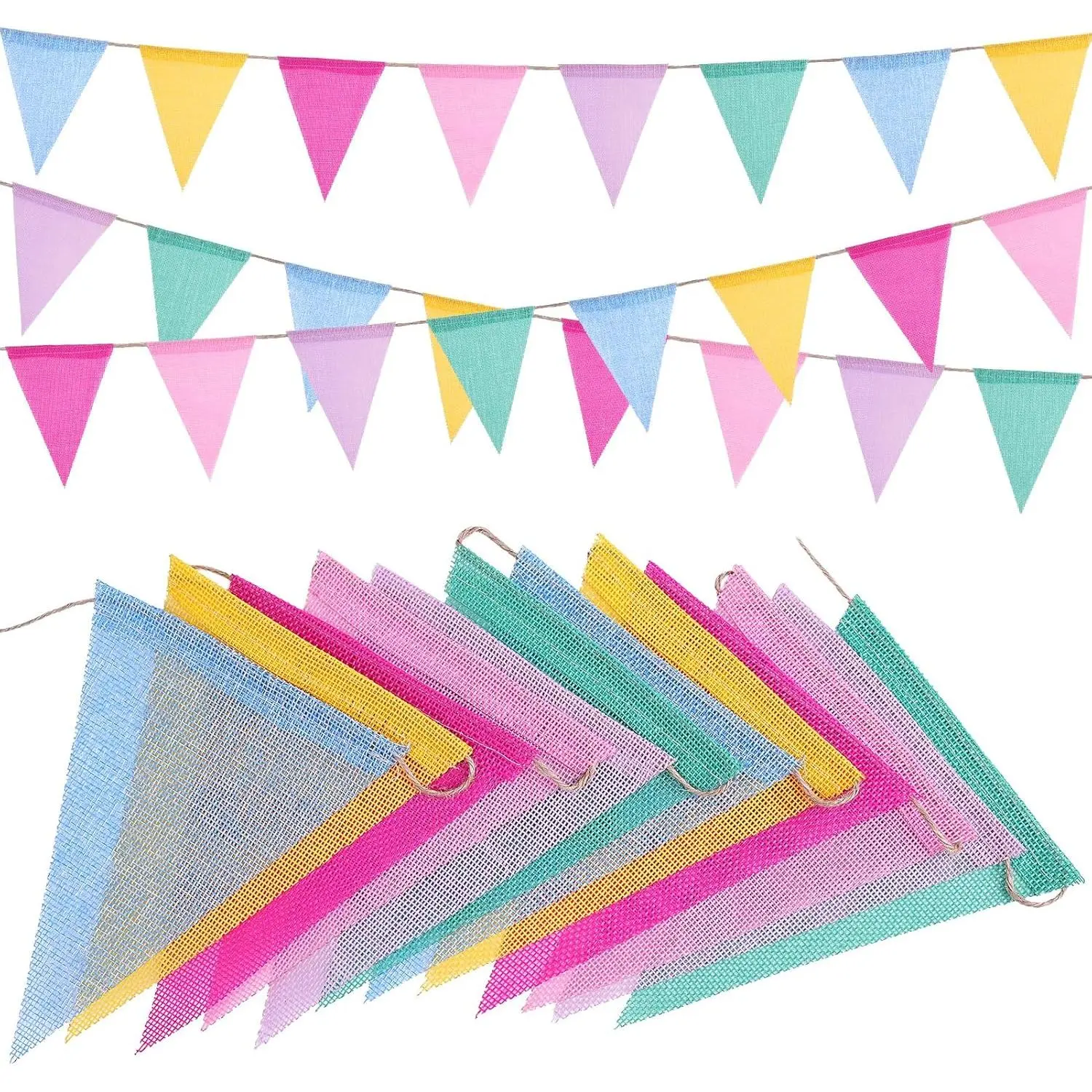 48PCS Multicolor Triangle Pennant Bunting Banner with 4 Jute Strings, Hanging Garland Flags for Birthday, Wedding, Party, Classroom, School, Home & Outdoor Event Decor