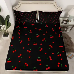 Kids Cherry Fitted Sheet,Cherry Pattern Bed Sheet Set Cute Fruit Bedding Set Kawaii Cartoon Fruit Bed Cover Bedroom Decor Lightweight (No Flat Sheet)