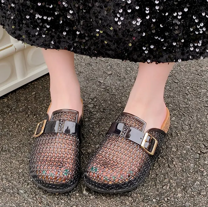 Women's Transparent Hollow Mesh Closed-Toe Backless Slide Mule Footwear - Adjustable Gold Metal Buckle, Cushioned Comfy Footbed, Lightweight Non-Slip Rubber Flat Sole, Slip-On Style, Ideal for Daily Commuting, Vacations