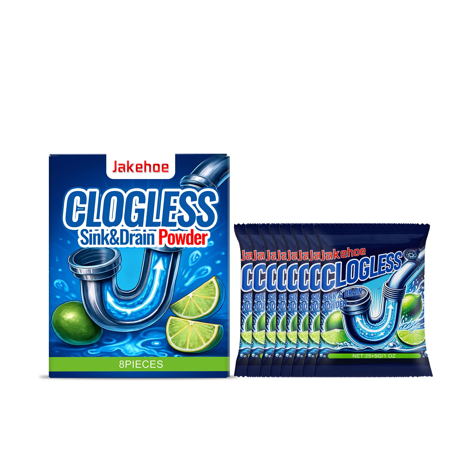 Jakehoe 8-Piece Clogless Drain Cleaner Powder - Ensures Smooth Drain Flow, Clog Dissolve, Removes Clogs Effectively for Kitchen Sinks & Bathroom Pipes