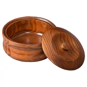 Handcrafted solid wood bowl with lid - perfect for serving rice, noodles, and soup, an ideal kitchen and dining accessory.