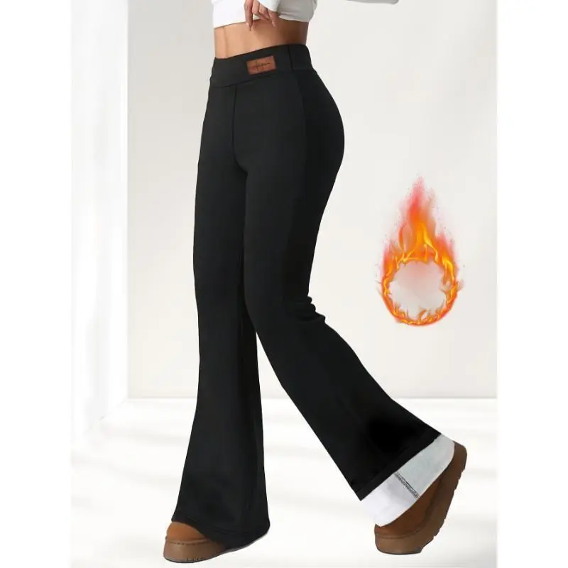 Thermal Insulation] Women's Winter Warm Fleece-Lined Flare Leg Pants - Thick High-Waisted Bell Bottoms with Stretch, Black, Casual Outerwear for Cold Weather, Winter Clothes Womenswear Fabric Spring Fitted