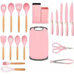 19-  Kitchen Set for First Apartment - Complete  Cooking Utensils with Wooden Handles,   Set,  Board & Holder - -in- Kitchen Starter Kit for  ,