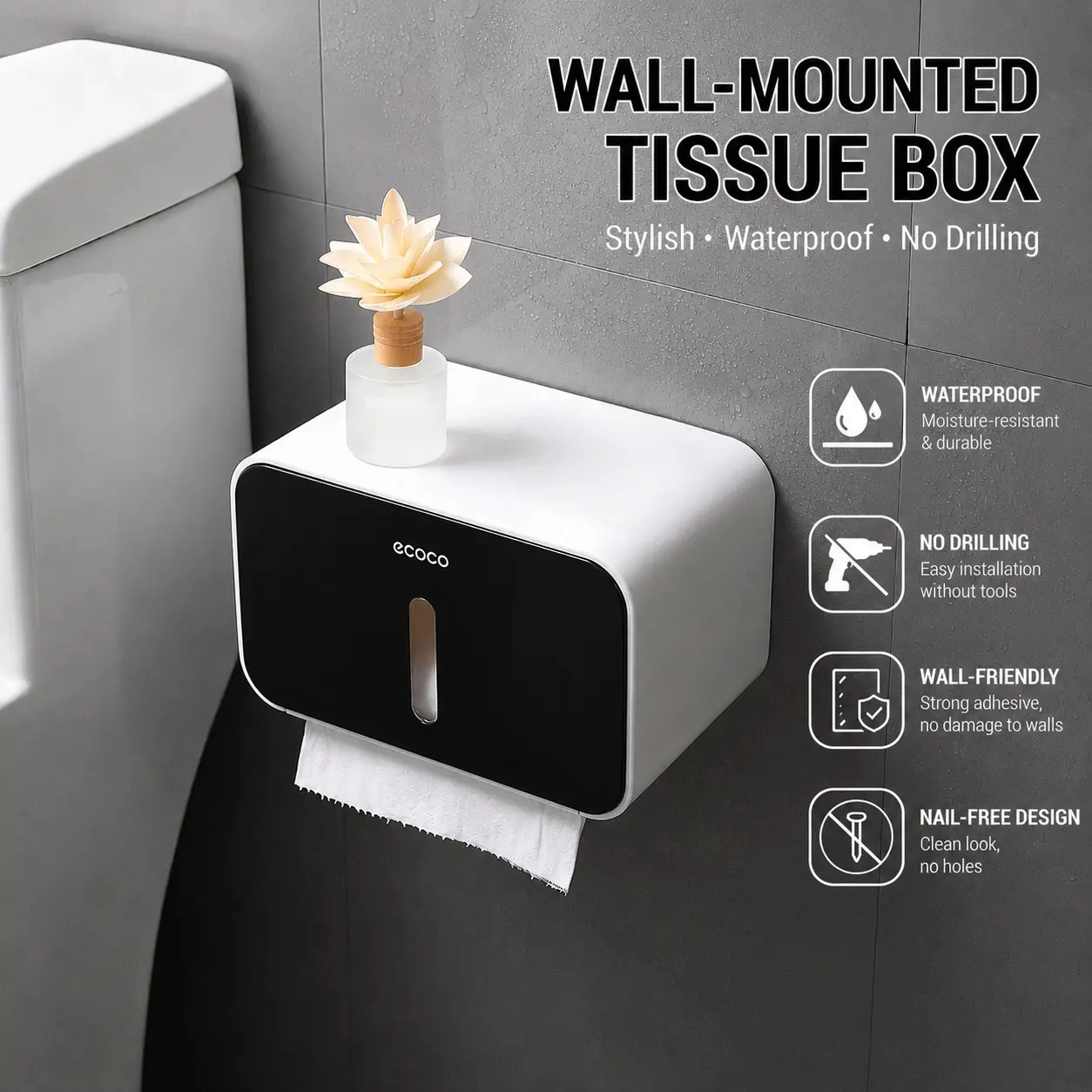 Waterproof Toilet Paper Holder with Shelf, No-Drill Wall-Mounted Tissue Box Organizer for Bathroom Storage