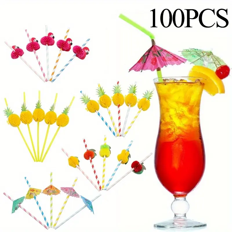 100-Piece Tropical Fruit Plastic Paper Straws - Colorful Disposable Bar Utensils, Cocktail Accessories for Party, Luau Bulk Drink Decorations