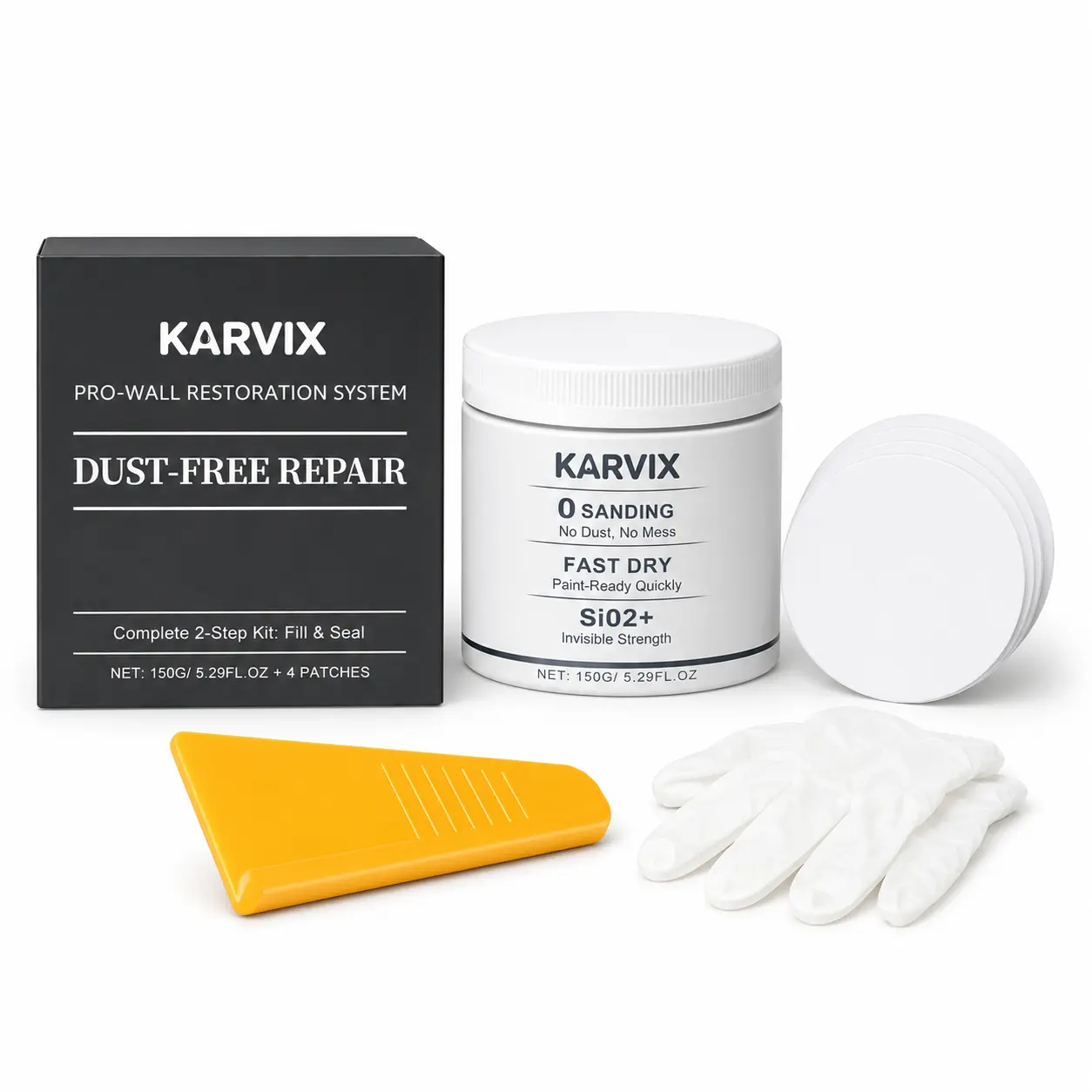 150g Drywall Repair Paste Kit with Paint Scraper, 4 Round Wall Patches and Gloves, Quick-Drying Wall Mending Compound for Cracks, Holes, Peeling Paint and Surface Damage, Smooth Invisible Finish for Home Wall Repair