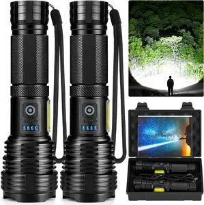 2 Pack Strong Flashlights - LED Digital Display of Power, USB Rechargeable, Zoomable, IP65 Waterproof, Adjustable Brightness, 5 Modes Super Bright Handheld Torch Flashlights, High Lumens Tactical Laser Flashlights for Outdoor Emergency Signaling & Camping