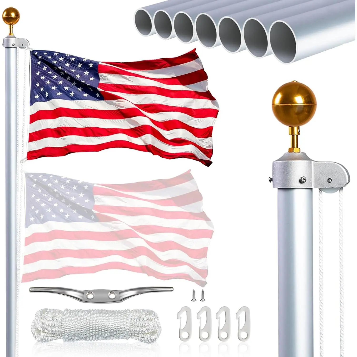 20FT Flag Pole in Ground for Outside House, 14-Guage  Flag Pole Kit, Heavy Duty Sectional Flagpole for Outdoor with 3x5FT Flag ()
