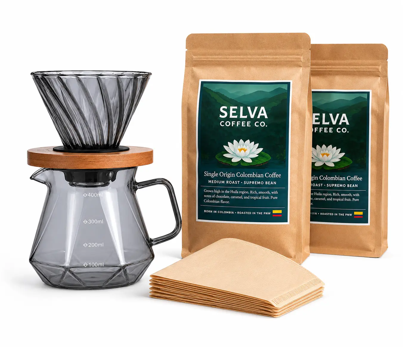 LIFESTYLE BUNDLE: v60 + Filters + 2 - 16oz Whole Bean - Medium Roast