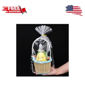 50 Pcs Bottom Gusset Bags 8"x 12" Clear Cellophane with Gold Twist Ties