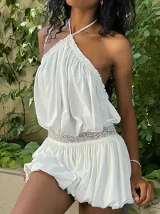 Elegant Halter Neck Bud Dress, Womenswear, Lace Hollow Out Waist Pleated Design, Sexy Backless Short Dresses, Lightweight Summer Beach Vacation Party Wear