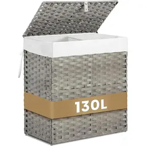Wicker Laundry Hamper with Lid,34 Gal(130 L) Rattan Laundry Basket 2 Sections with Lid, Removable Machine Washable Line, Large Clothes Hamper with Handles for Bathroom Bedroom, Gray
