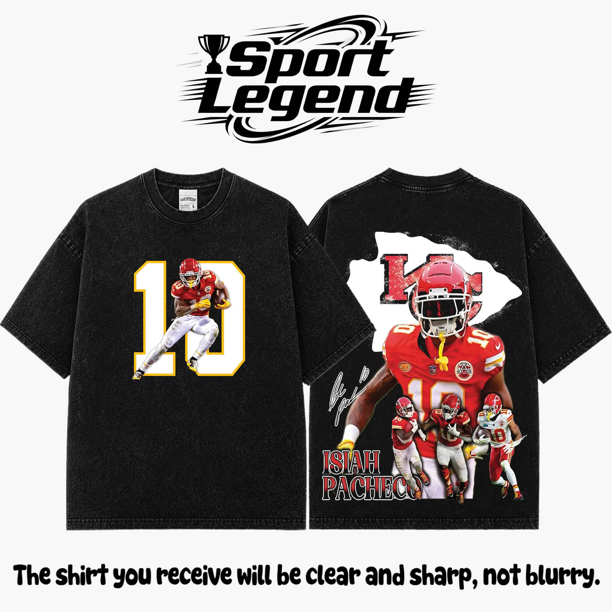 Isiah Pacheco #10 Premium Acid Wash T-Shirt, Vintage Double Sided Graphic Tee, Heavyweight Cotton Oversized Shirt, Football Game Day Outfit, Chiefs Kingdom Fan Gift for Men Women