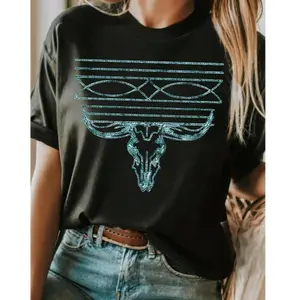 Women's Western Style Turquoise Boot Stitch Cowgirl Shirt Casual Dressy T Shirts Workout Clothes 100% Cotton, Breathable And Comfortable Womenswear Tops Black Crewneck