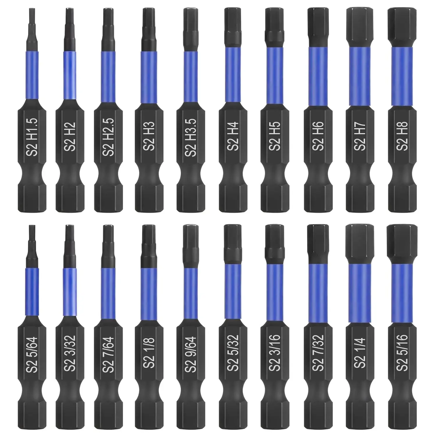 Impact Hex  Allen Wrench Drill Bit Set 20 count - Metric&SAE, S2 Steel Hex Bits Set, 1/4" Hex Shank with , 50mm Long with Storage Box.