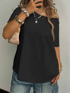 Women's Plus Size Asymmetrical Shoulder Top, Casual Fitted Short Sleeve Blouse, Trendy Fashion for Daily Wear, Everyday, Thin Fabric