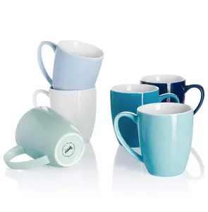 Porcelain Coffee Mugs 12oz – Set of 6, Blue Multicolor Assorted Cups
