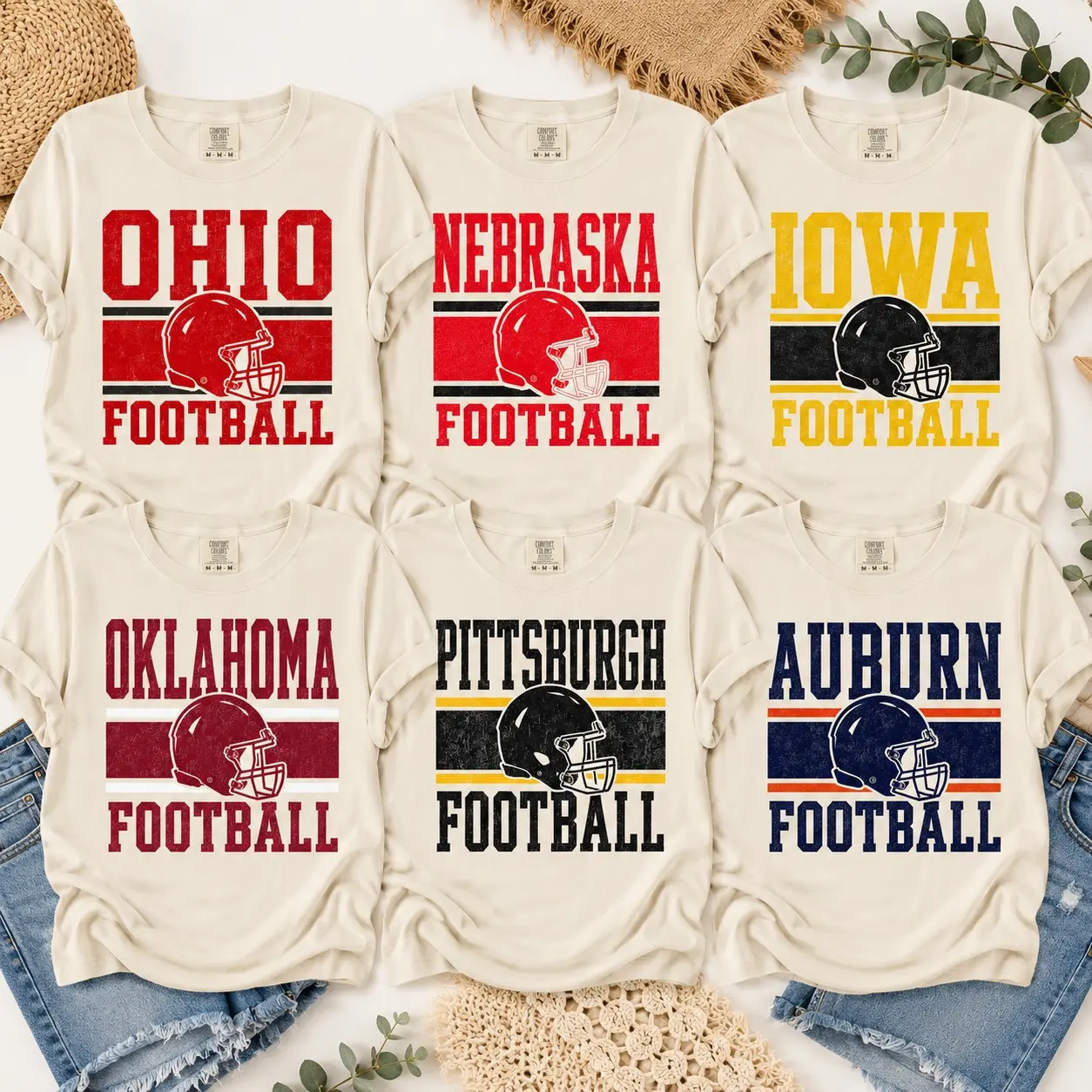 **College Football Graphic T-Shirt, NCAA Team Football Shirt, Ohio Nebraska Iowa Oklahoma Pittsburgh Auburn Game Day Tee, Ivory Unisex Shirt