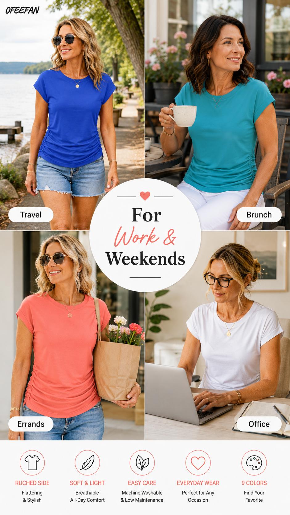 OFEEFAN Womens Summer Tops Trendy 2025 Ruched Cap Short Sleeve Tshirts Shirts Crew Neck T Shirts Fashion