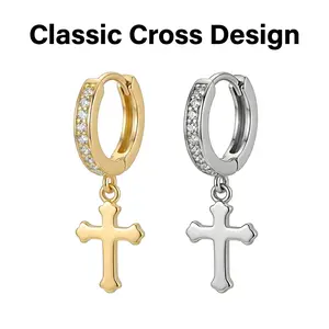 Small Cross Dangle Hoop Earrings for Women and Men, Gold/Silver Pave Cubic Zirconia Huggie Hoop with Dainty Crucifix Drop, Religious Minimalist Jewelry Gift