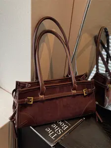 Women's PU Fabric Single Shoulder Bag, Pu Tote Satchel, Fashionable Vintage Design with Buckle Decoration, Zip Closure, Ideal for Office, School, Work, Travel