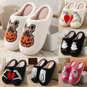 Cozy Plush Fur Slippers for Women & Men - Unisex Soft Indoor House Shoes, Retro Cartoon Design Flip Flops Slides White (Halloween)