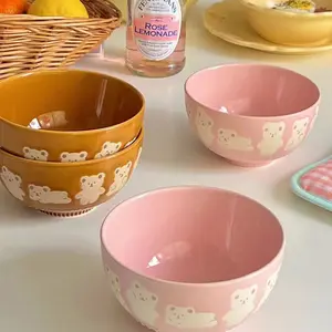 1Pc, South Korea Cute Two-Tone Pink Brown Embossed Bear Ceramic Single Serving Snack Bowl Yogurt Breakfast Oatmeal Rice