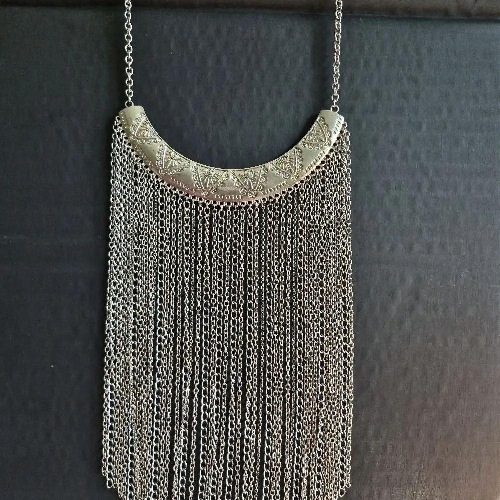 Boho multi strand silver toned bib necklace