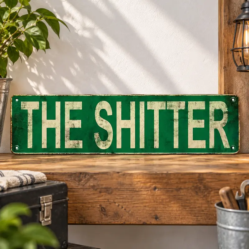 Vintage Tin "The Shitter" Letter Pattern Funny Decorative Plaque - Unique Funky Home Sign Wall Decor, Decor Signs, Bedroom Accent Piece