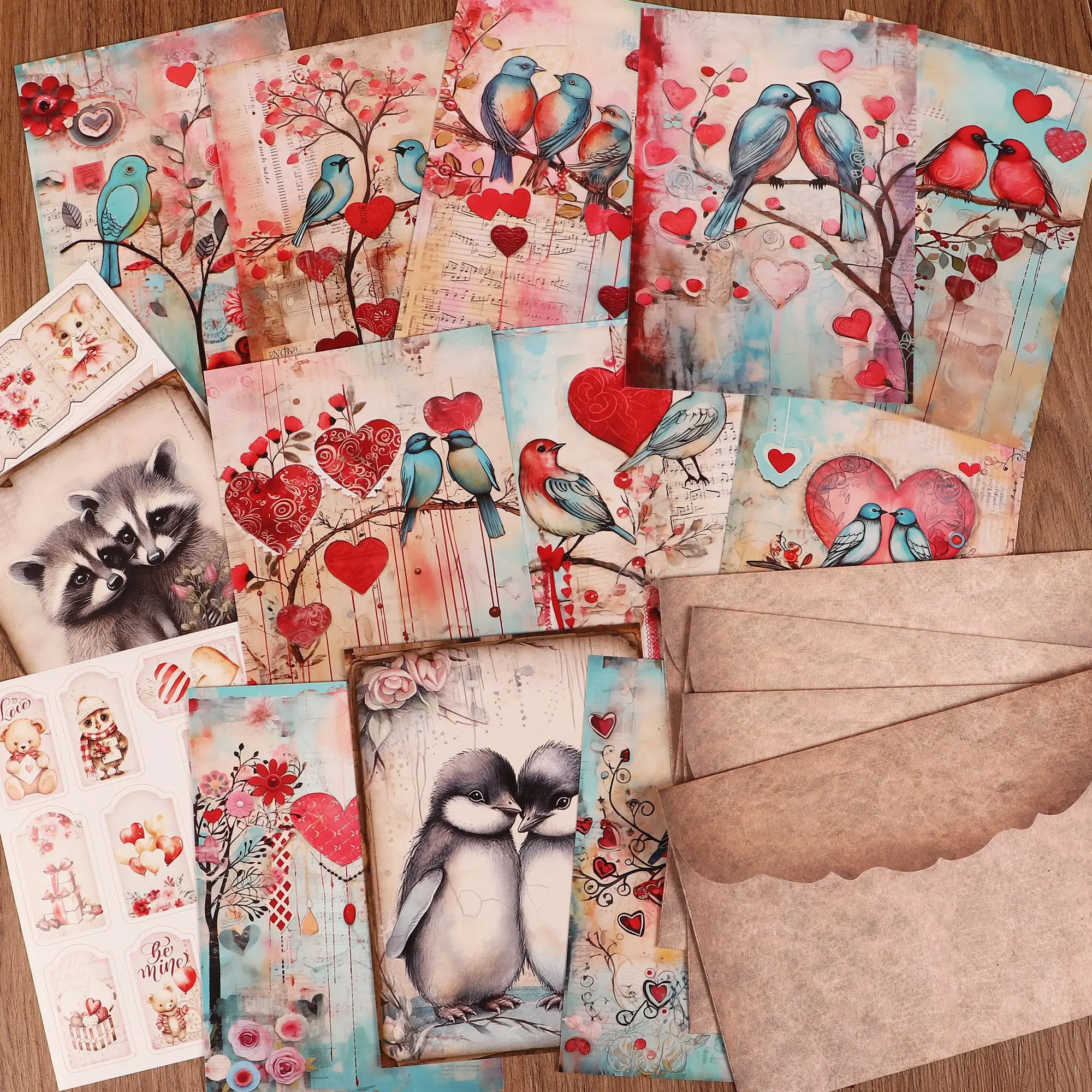 Bird & Tree Pattern Valentine's Day Cards Set, 1 Set Including 12 Sheets Cards & 2 Sheets Sticker & 8 Envelopes, Greeting Card for Scrapbooking Supplies, Scrapbook Materials, Crafts