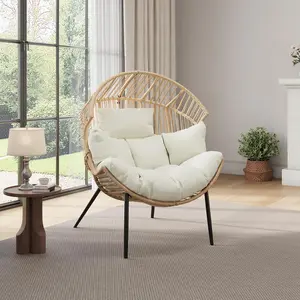 Outdoor Wicker Egg Chair Oversized Ergonomic Rattan Lounge Rocker Thick Cushion Indoor Outdoor Living Room Backyard Patio Garden Natural Cream