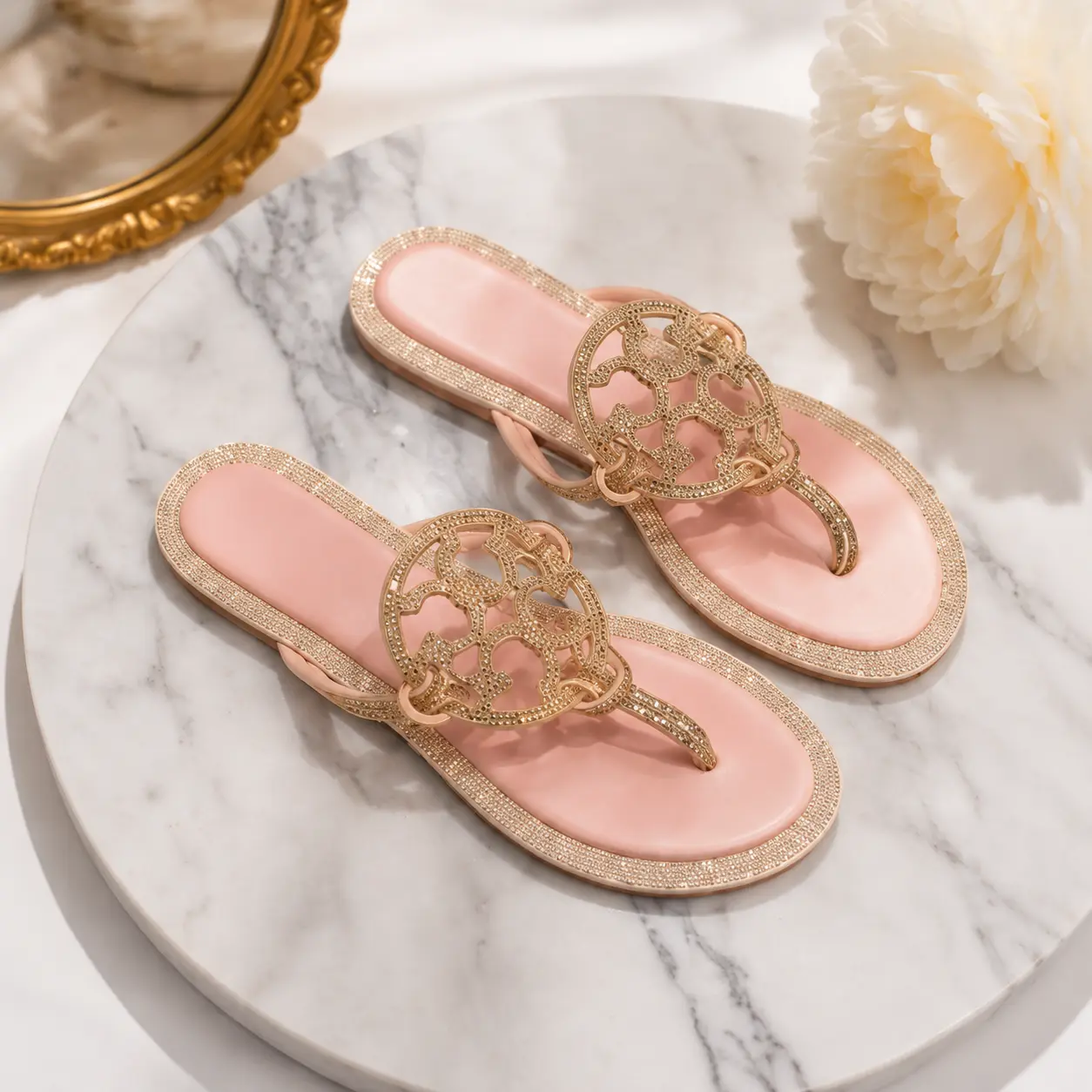 Women’s Pink Rhinestone Flip Flops, Luxury Crystal Flat Sandals with Gold Detail, Elegant Summer Beach Vacation Shoes