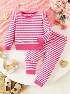 Cute Ribbed Knit Set for Girls, Long Sleeve Crop Top & Pants, Fall Fashion, Comfortable Casual Wear, Kids Clothing