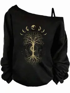 Women's Off-Shoulder Slouchy Sweatshirt, Moon Phase Tree of Life Print, Witchy Gothic Aesthetic, Soft Oversized Pullover, Casual Top