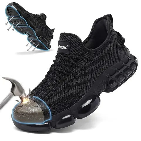 Men's Low Top Steel-Toe Shield Puncture-Resistant Work & Safety Footwear - Breathable Fabric, EVA Cushioned Sole, Closed Laces, Construction-Grade, Anti-Collision, Supportive Lightweight Contractor Gear for Construction Workers