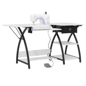 Comet Plus Hobby/Office/Sewing Desk with Fold-Down Top, Height Adjustable Platform, Bottom Shelf and Fabric Drawer Black/White 13372