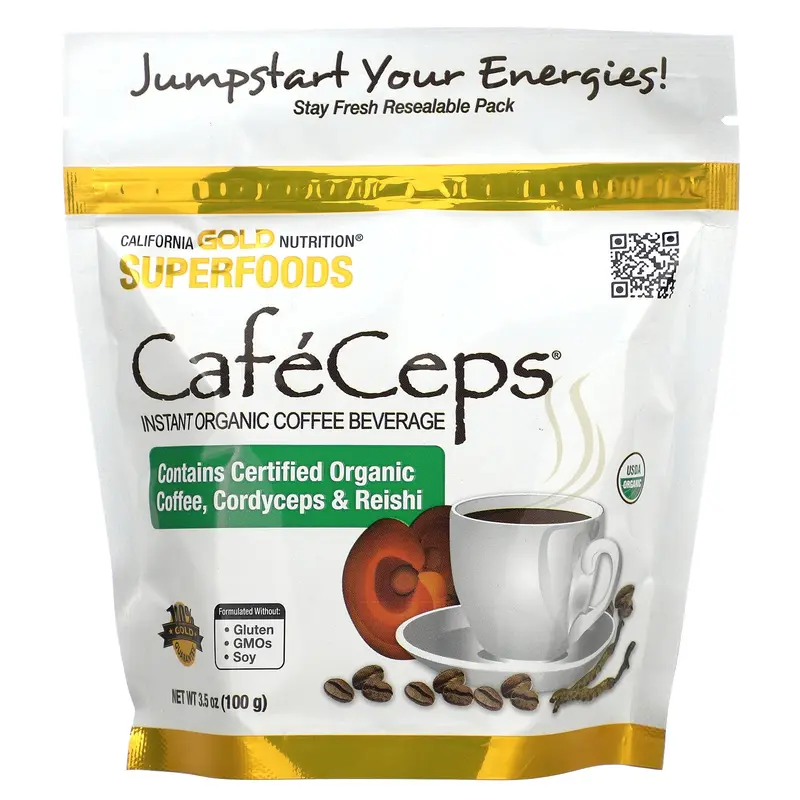 California Gold Nutrition CafeCeps, Certified Organic Instant Coffee with Full-Spectrum, Organic Cordyceps and Reishi Mushroom Powder, 3.5 oz (100 g)