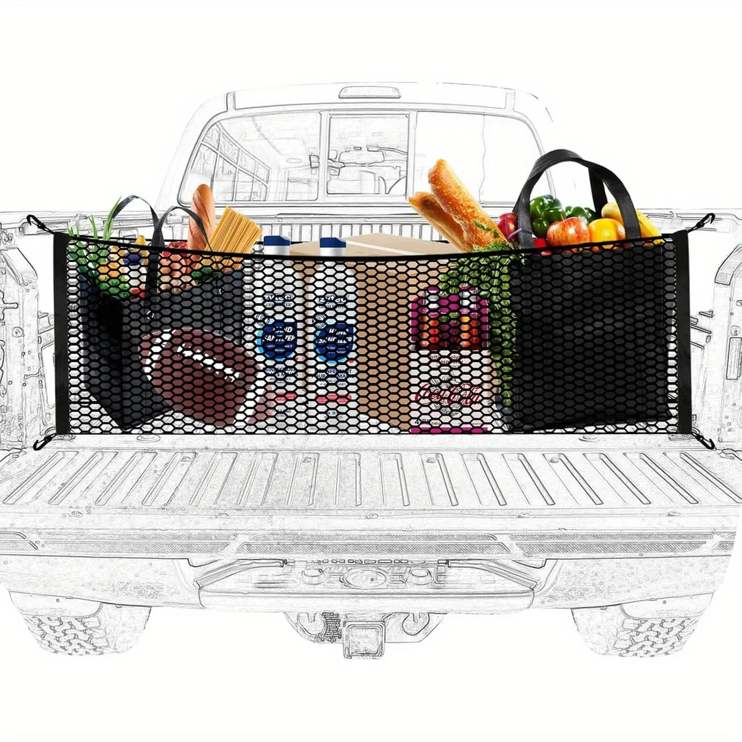 Adjustable Elastic Car Rear Truck Bed Storage Net, Car Rear Storage Net with 4 Quick Connectors, Universal Car Interior Accessories for Pickup Truck, Car, Truck & SUV, Cargo Net