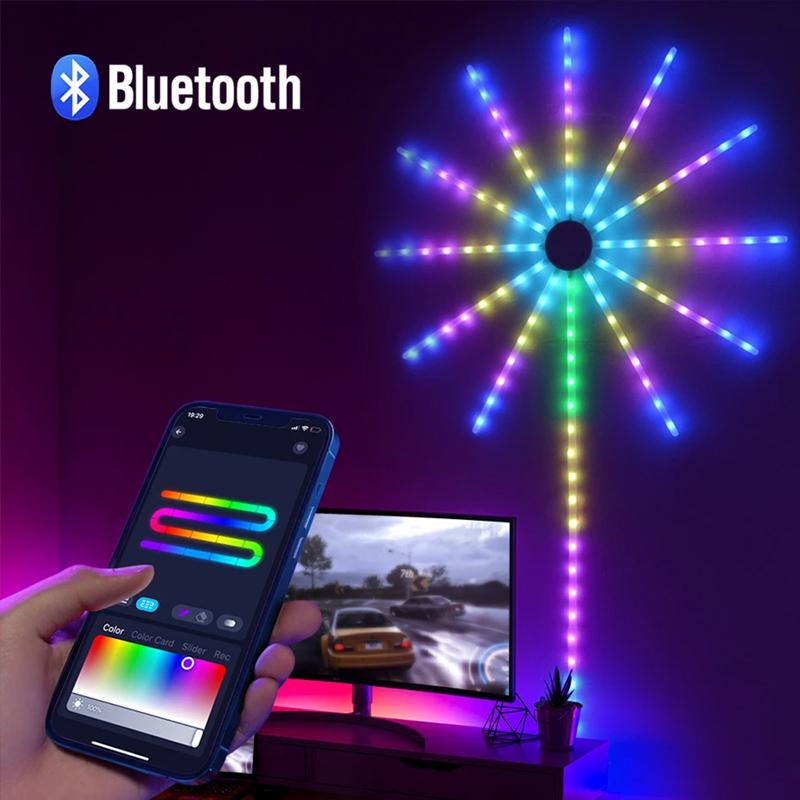 LED smart fireworks light, 1 set multipurpose ICRGB rainbow color ambient light, music rhythm light with wireless control via remote control and app, party lighting decoration