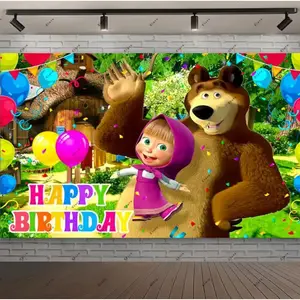 Cartoon Girl-Mashas-and Bear Theme Girl Child's Birthday Party Background Baby Shower Photography Supplies Banner For Tapestry Kid Gift,summer gift,skull tapestry,vintage home decor,garden flag,polyester tapestry,home decor banner,beach house decor,