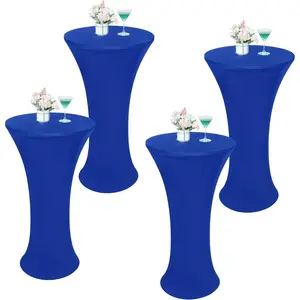 4PCS 24x43 Inch Blue Round Cocktail Tablecloth Fitted Highboy Stretch Cocktail Table Cover for Banquet Bar Pub Wedding Indoor