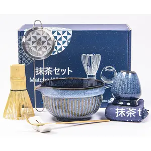 Matcha Whisk Set 7 count - Includes Matcha Bowl with Spout,  Whisk, Scoop, Ceramic Holders, Stainless Sifter, Towel -  Matcha Starter Kit for  Ceremony,   Making Tools