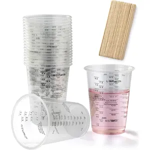 20pcs 8oz Graduated Clear Plastic Measuring Mixing Cups with 20pcs Wooden Stirring Sticks for Mixing Paint, Pigments, Epoxy Resins