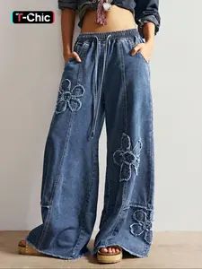 Women's New Trendy Patchwork Soft Denim Jeans, Fitted Straight Leg Trouser Washed Design, Young Look, All Seasons Fashion Long Pants Spring Womenswear