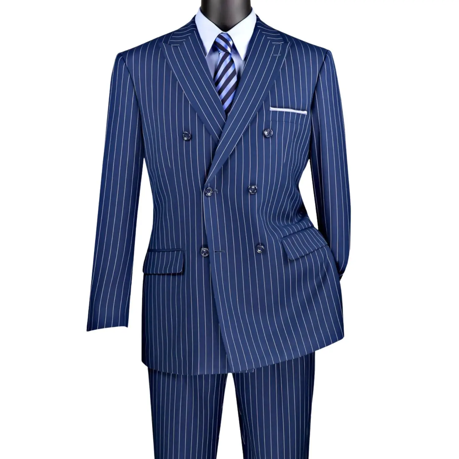 Men’s Gangster Stripe Double-Breasted 2-Piece Suit Peak Lapel - Blue